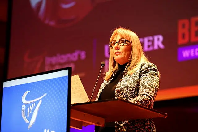 Senator Frances Black speaks on stage during an Irish unification rally