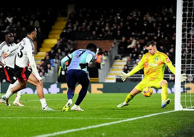  Bukayo Saka turns the ball in at the far post but the goal was disallowed for an earlier offside