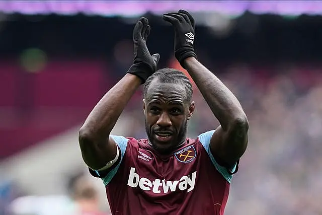 West Ham United’s Michail Antonio celebrates after scoring their side’s second goal of the game during the Premier League match at the London Stadium. 