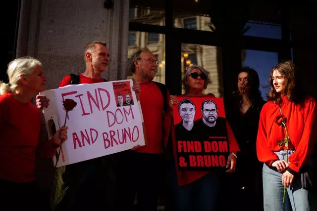 Family of Dom Phillips, (l-r) Sian Phillips, Gareth Phillips, Paul Sherwood, Helen Davies, Rhianna Davies and Domonique Davies, outside the Brazilian Embassy in London