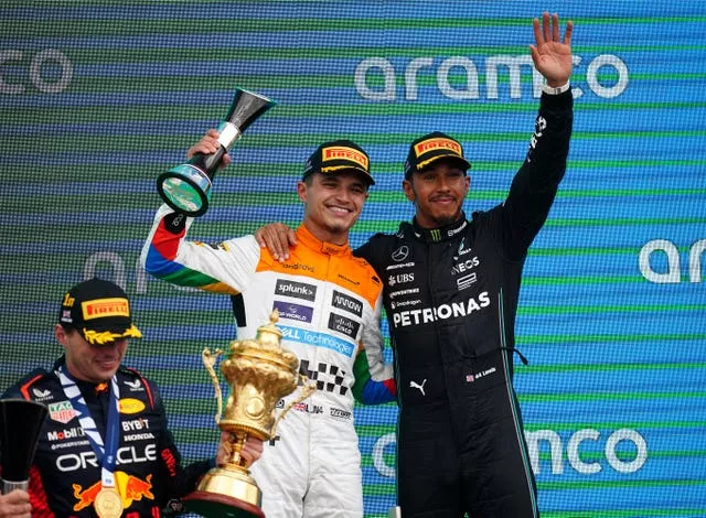 Norris (left) and Hamilton made it a British double on the podium at Silverstone 