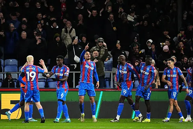 Crystal Palace’s Maxence Lacroix (centre) celebrates scoring their side’s second goal of the game during the Premier League match at Selhurst Park, London. 