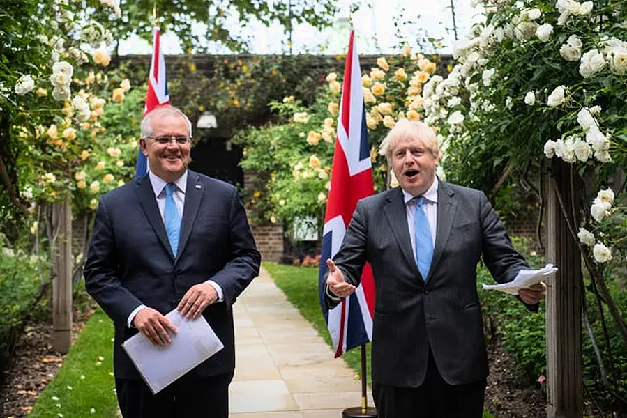 Boris Johnson with Australian Prime Minister Scott Morrison after agreeing the broad terms of a free trade deal between the UK and Australia