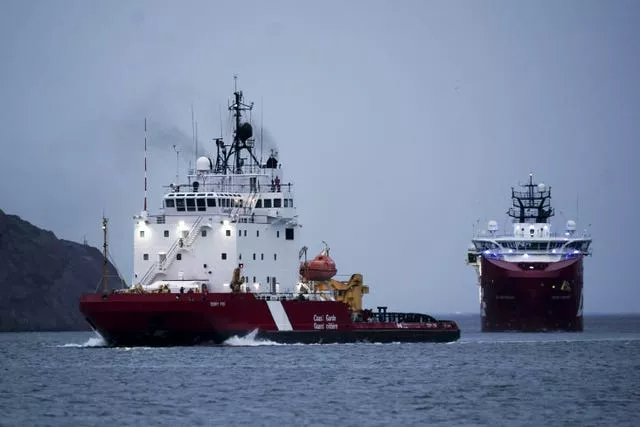 Canadian Coast Guard vessel Terry Fox and Canadian vessel Skandi Vinland return to St John’s Port in Newfoundland, Canada, after supporting the search and rescue operation 