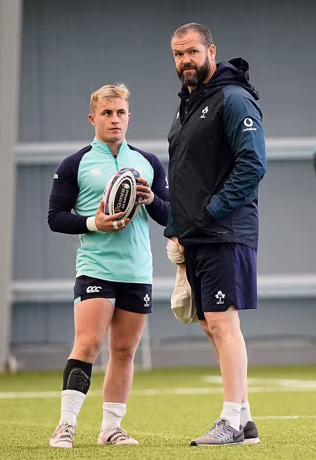 Ireland head coach Andy Farrell, right, with scrum-half Craig Casey