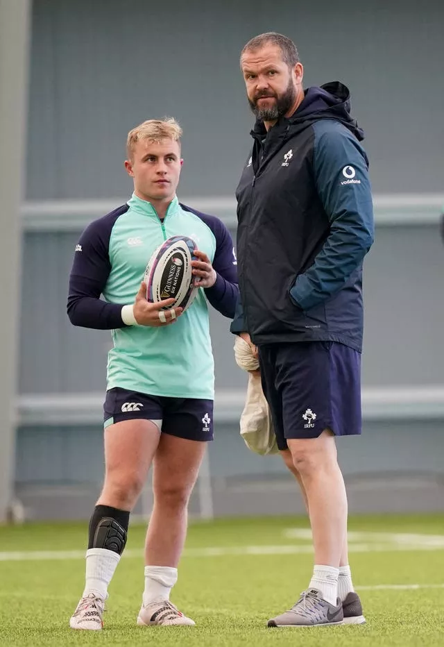 Ireland head coach Andy Farrell, right, with scrum-half Craig Casey