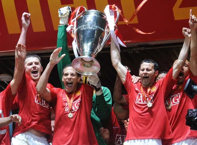 Manchester United’s Michael Carrick (left), Rio Ferdinand and Ryan Giggs (right) celebrate after beating Chelsea on penalties in the 2007-08 Champions League final