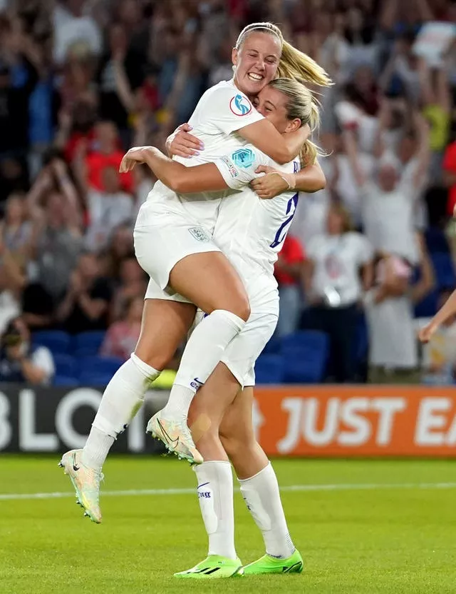 England's Alessia Russo (right) celebrates scoring her side's seventh goal with team-mate Beth Mead