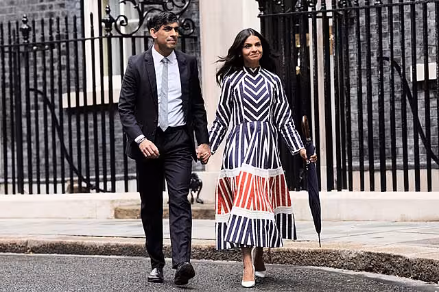Outgoing Conservative prime minister Rishi Sunak and his wife Akshata Murty leaving 10 Downing Street