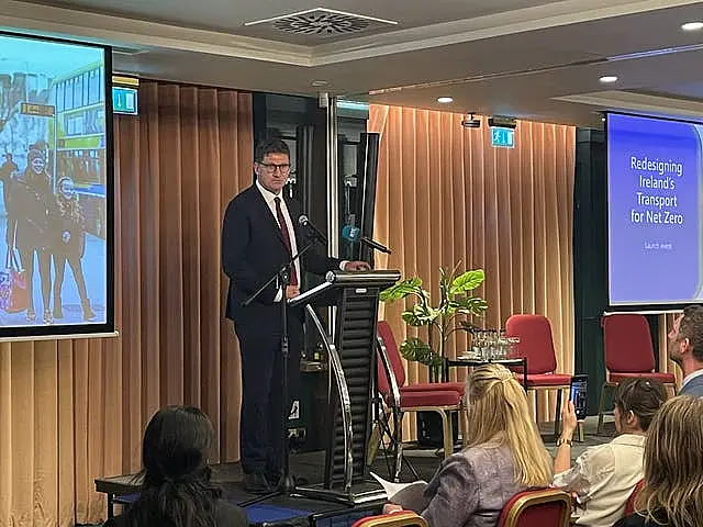 Eamon Ryan speaking at an event in Dublin announcing an OECD report on how Ireland can halve its transport sector emissions by 2030