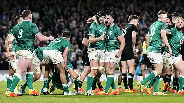 Caelan Doris celebrates scoring Ireland's third try during victory over New Zealand in 2021