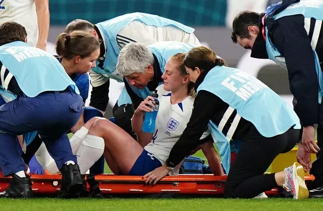 England’s Keira Walsh was taken off on a stretcher against Denmark