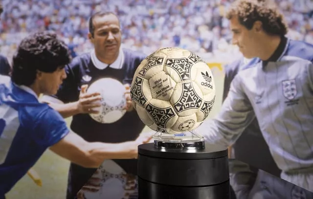 General view of the football used by Diego Maradona to score the ‘Hand of God’ goal at the 1986 World Cup quarter-final between Argentina and England