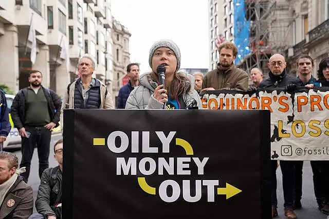 Greta Thunberg joins protesters from Fossil Free London outside the InterContinental in central London