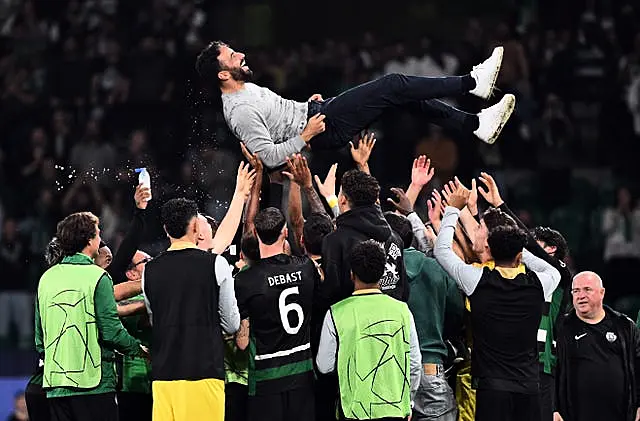 Sporting Lisbon and Ruben Amorim celebrate their win over Manchester City