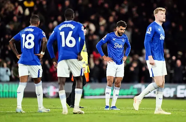 Everton’s Dominic Calvert-Lewin, centre right, reacts after defeat at Bournemouth