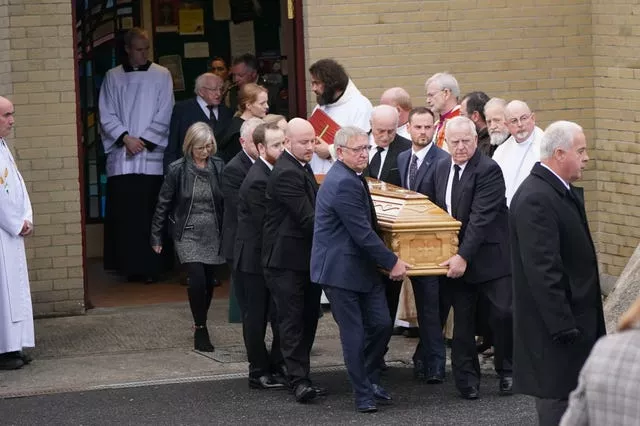 The coffin of James O’Flaherty leaves St Mary’s Church, Derrybeg after his funeral mass