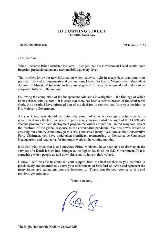 Handout image of a letter from Prime Minister Rishi Sunak to Nadhim Zahawi who has been sacked as Conservative Party chairman