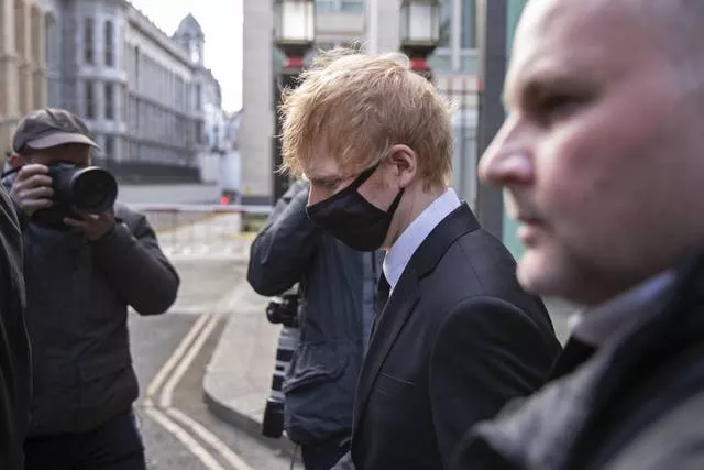 Ed Sheeran leaves the Rolls Building, High Court in central London, where he is bringing a legal action over his 2017 hit song ‘Shape of You’ after song writers Sami Chokri and Ross O’Donoghue claimed the song infringes parts of one of their songs (PA)