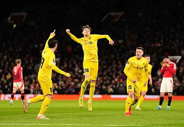 Bodo-Glimt’s Hakon Evjen (centre) celebrates scoring against Manchester United in the Europa League at Old Trafford 