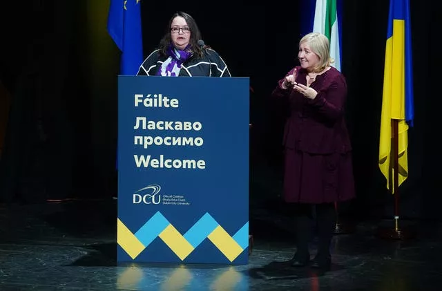 Larysa Gerasko, ambassador of Ukraine to Ireland, speaks following Ukraine President Volodymyr Zelensky’s address to Ireland's third-level sector via video link at the Helix in Dublin City University