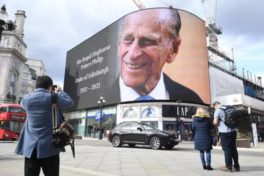 A tribute to the Duke of Edinburgh on display at the Piccadilly Lights in central London