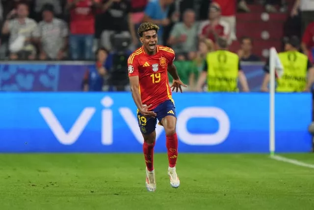 Spain’s Lamine Yamal celebrates after his brilliant equaliser against France