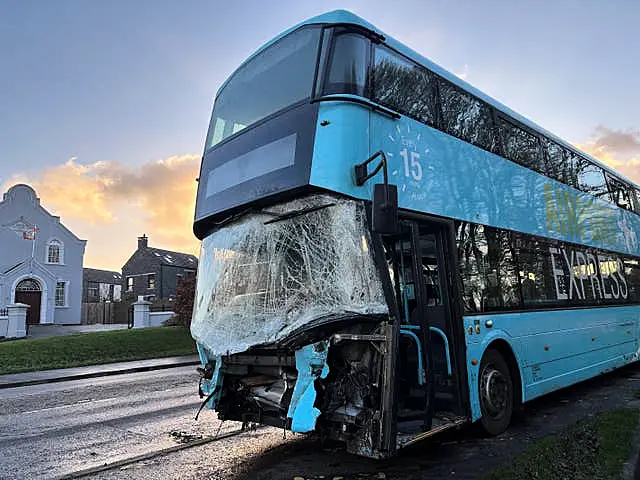 The wreckage of an airport bus which crashed on the Ballyrobin Road close to Belfast International Airport in the early hours of Saturday amid Storm Darragh