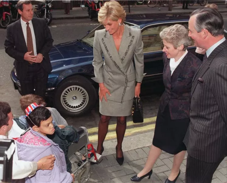 Diana, Princess of Wales, is greeted by youngsters on her arrival at St Mary’s Hospital, Paddington, where she was visiting the Paediatric Intensive Care Unit today