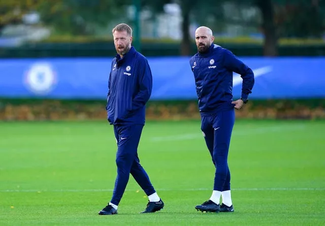 Graham Potter, left, and Bruno Saltor in Chelsea training