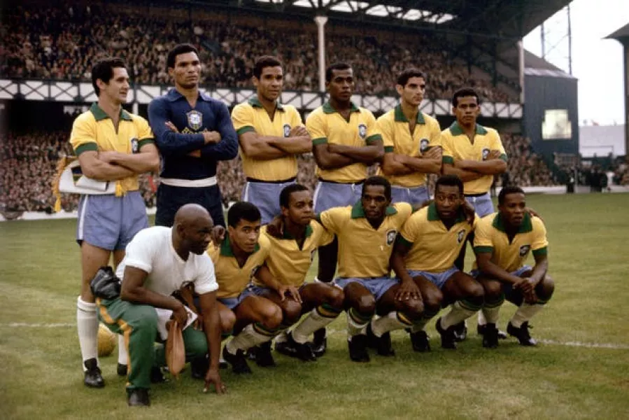 Brazil team group: (back row, l-r) Orlando, Manga, Brito, Denilson, Rildo, Fidelis; (front row, l-r) trainer Americo, Jairzinho, Lima, Silva, Pele, Parana 