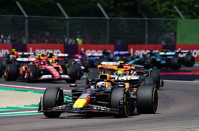 Max Verstappen leads on the opening lap at the Emilia Romagna Grand Prix