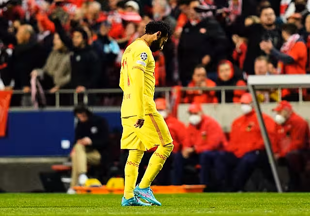 Liverpool’s Mohamed Salah reacts after being substituted in Lisbon