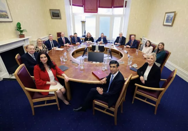Prime Minister Rishi Sunak and Northern Ireland Secretary Chris Heaton-Harris meeting First Minister Michelle O’Neill, deputy First Minister Emma Little-Pengelly, and members of the newly formed Stormont Executive at Stormont Castle, Belfast