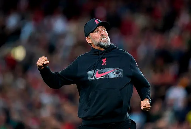 Liverpool manager Jurgen Klopp celebrates after the final whistle in his side's 2-1 win over Newcastle at Anfield