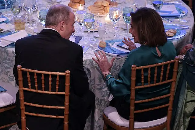 Taoiseach Micheal Martin speaking with with US Speaker of the House Nancy Pelosi at the Ireland Funds 30th National Gala