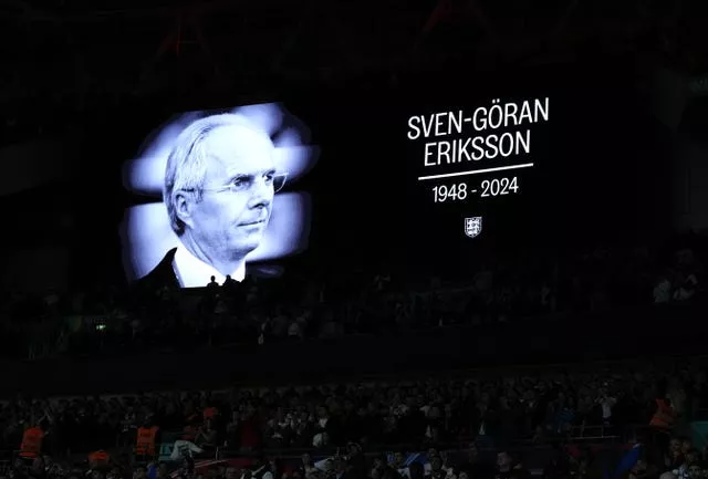 A tribute to Sven-Goran Eriksson on the big screen at Wembley