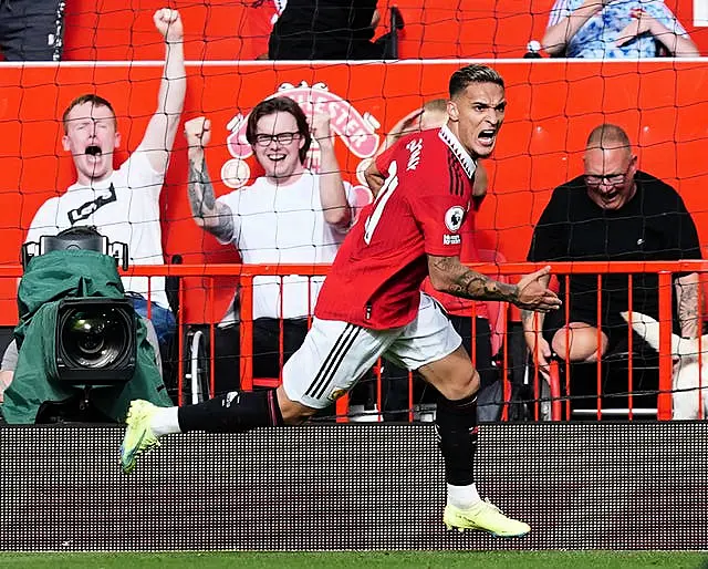 Antony celebrates his goal against Arsenal