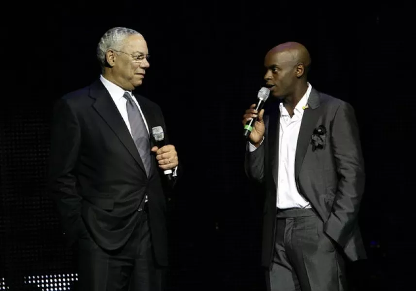 Colin Powell and Trevor Nelson on stage at the Africa Rising Festival (Yui Mok/PA)