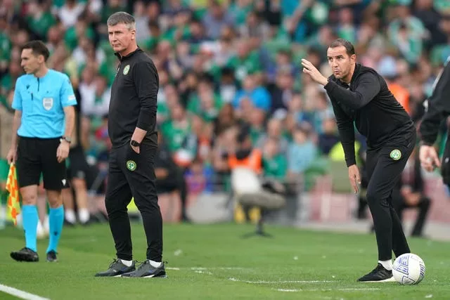 Former Republic of Ireland head coach Stephen Kenny (left) and assistant John O’Shea on the touchline