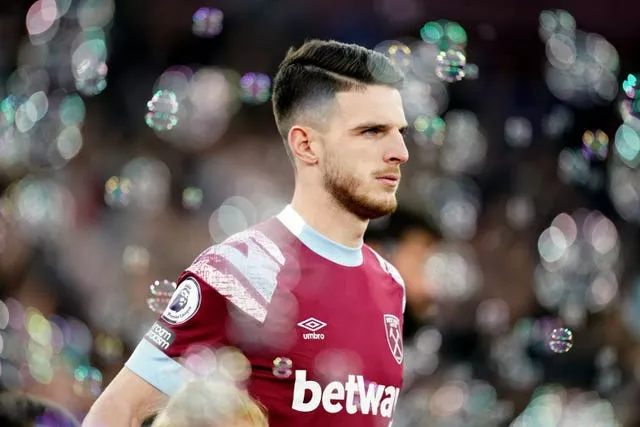 West Ham United’s Declan Rice walks through bubbles ahead of the Premier League match at the London Stadium