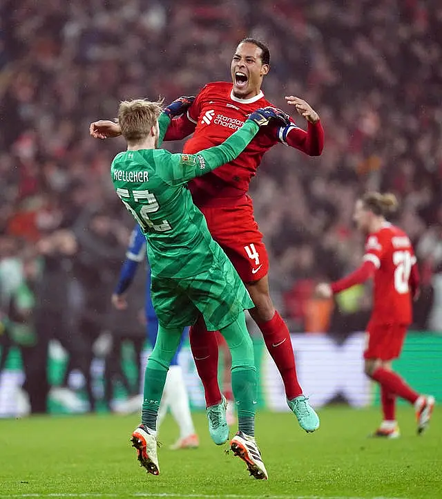 Liverpool goalkeeper Caoimhin Kelleher and Virgil van Dijk celebrate after the 2024 Carabao Cup final win over Chelsea