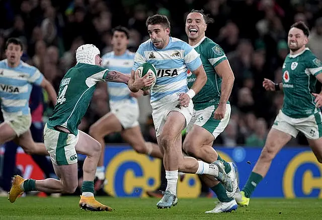 Argentina’s Juan Cruz Mallia on his way to scoring their side’s opening try