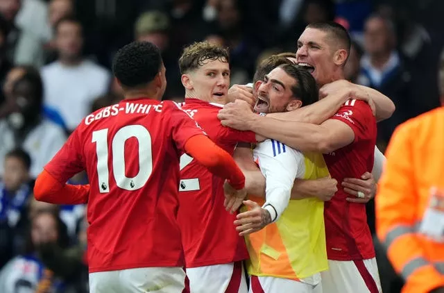 Nottingham Forest’s Chris Wood celebrates his opener against Chelsea