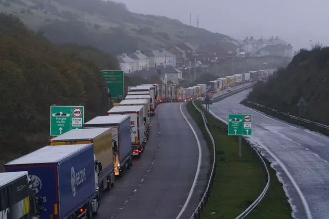 Freight lorries queued for entrance to ferry services on the A20 into Dover