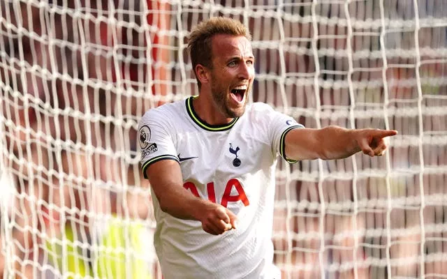 Tottenham Hotspur’s Harry Kane celebrates scoring their side’s second goal of the game during the Premier League match at the City Ground, Nottingham
