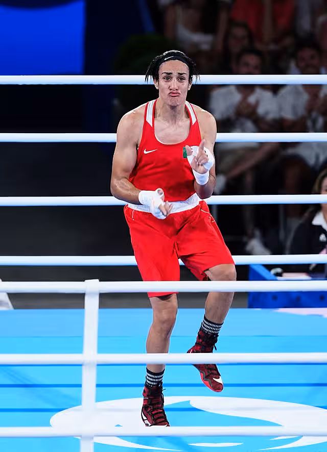 Algeria�s Imane Khelif celebrates victory over China�s Liu Yang (not pictured) after the Women�s 66kg Final at Roland-Garros Stadium on the fourteenth day of the 2024 Paris Olympic Games in France