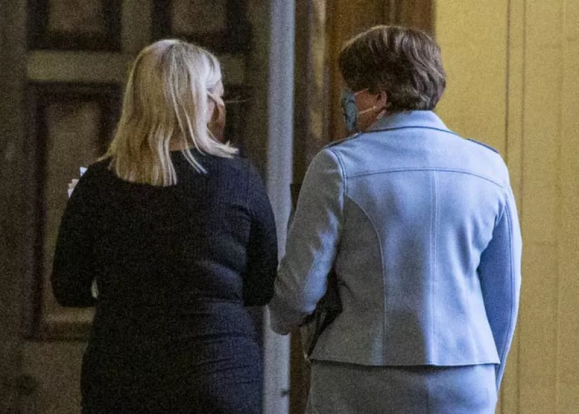 Northern Ireland First Minister Arlene Foster (right) with deputy First Minister Michelle O’Neill, arriving at the Stormont (Liam McBurney/PA)