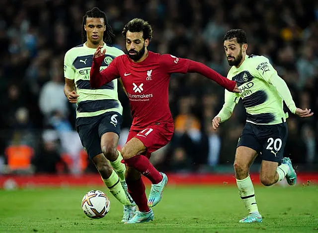 Liverpool's Mohamed Salah on the ball against Manchester City