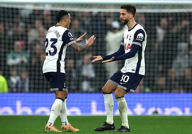 Tottenham Hotspur’s Rodrigo Bentancur (right) celebrates scoring their goal